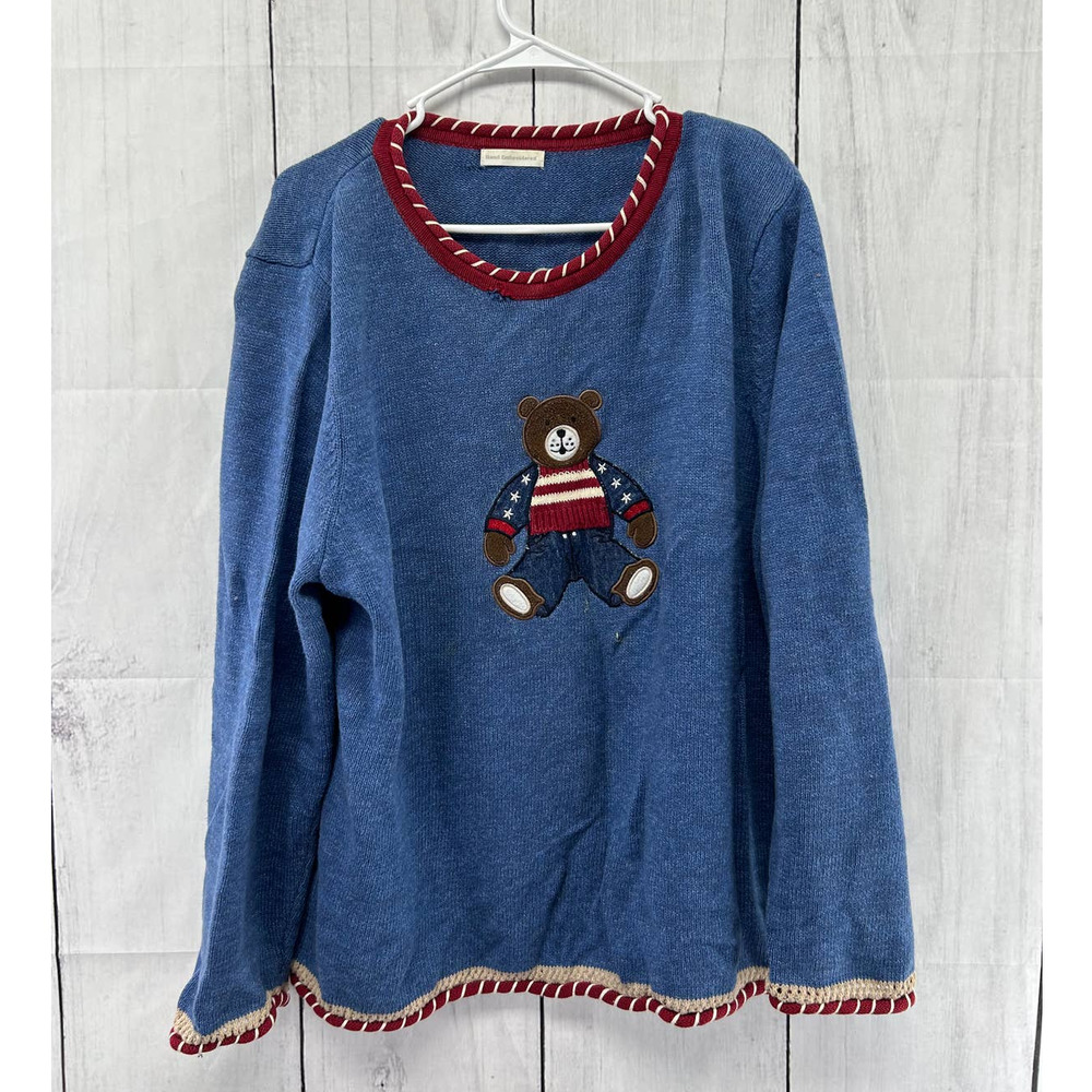 Vintage Hand Embroidered No Brand Teddy Knit Sweater Womens XL/XXL